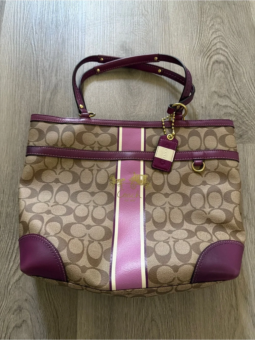 Coach Signature Canvas Tote with Purple Trim